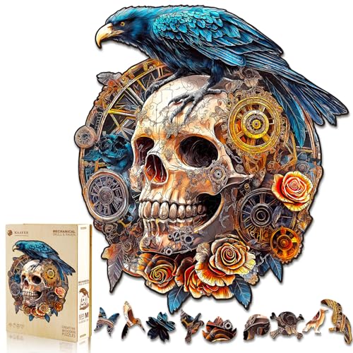 KAAYEE Wooden Puzzles Adults, Raven & Mechanical Skull Jigsaw S-8.5 * 7.5in - color: Raven & Mechanical Skull, size: Small