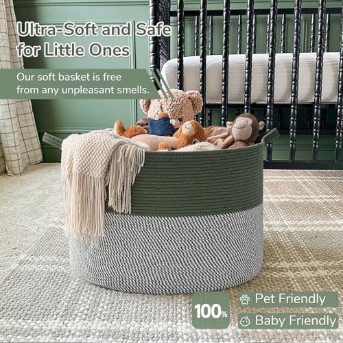 INDRESSME XXXLarge Woven Rope Blanket Basket Living Room Green, 90L - color: Green & White, size: 21.7"D x 13.8"H