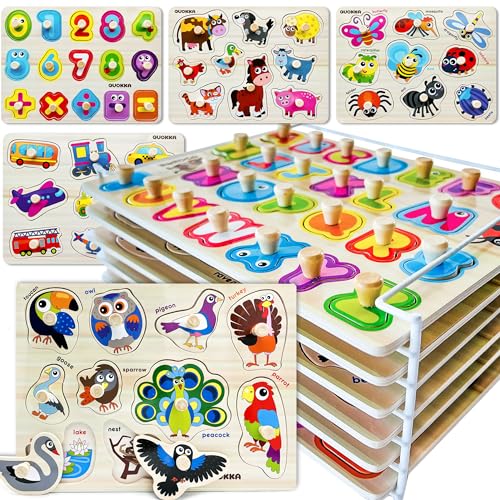 Wooden Puzzles for Toddlers 1-3 - 6X Set Toddler Puzzles Ages 2-4 with Rack - color: Set of 6