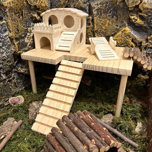 Large Hamster Platform with Ladder Wooden Syrian Hamsters Standing Platforms with Legs Set Wood Gerbils Climbing Bridge Toy Cage Accessories - size: Large