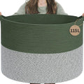 INDRESSME 115L Extra Large Woven Rope Blanket Basket Living Room Green - color: Green & White, size: 23.6"D x 15.7"H