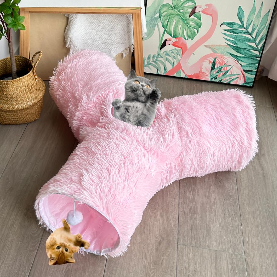 3-Way Collapsible Cat Tunnel Tube Toy Pink Plush - color: Pink Plush
