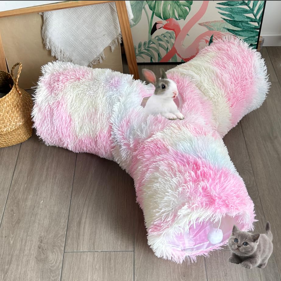 3-Way Collapsible Cat Tunnel Tube Toy Rainbow Plush - color: Rainbow Plush