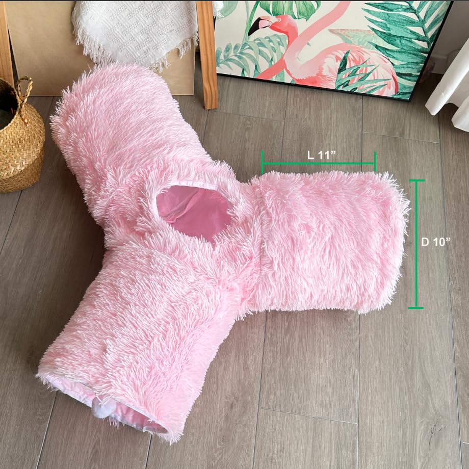 3-Way Collapsible Cat Tunnel Tube Toy Pink Plush - color: Pink Plush