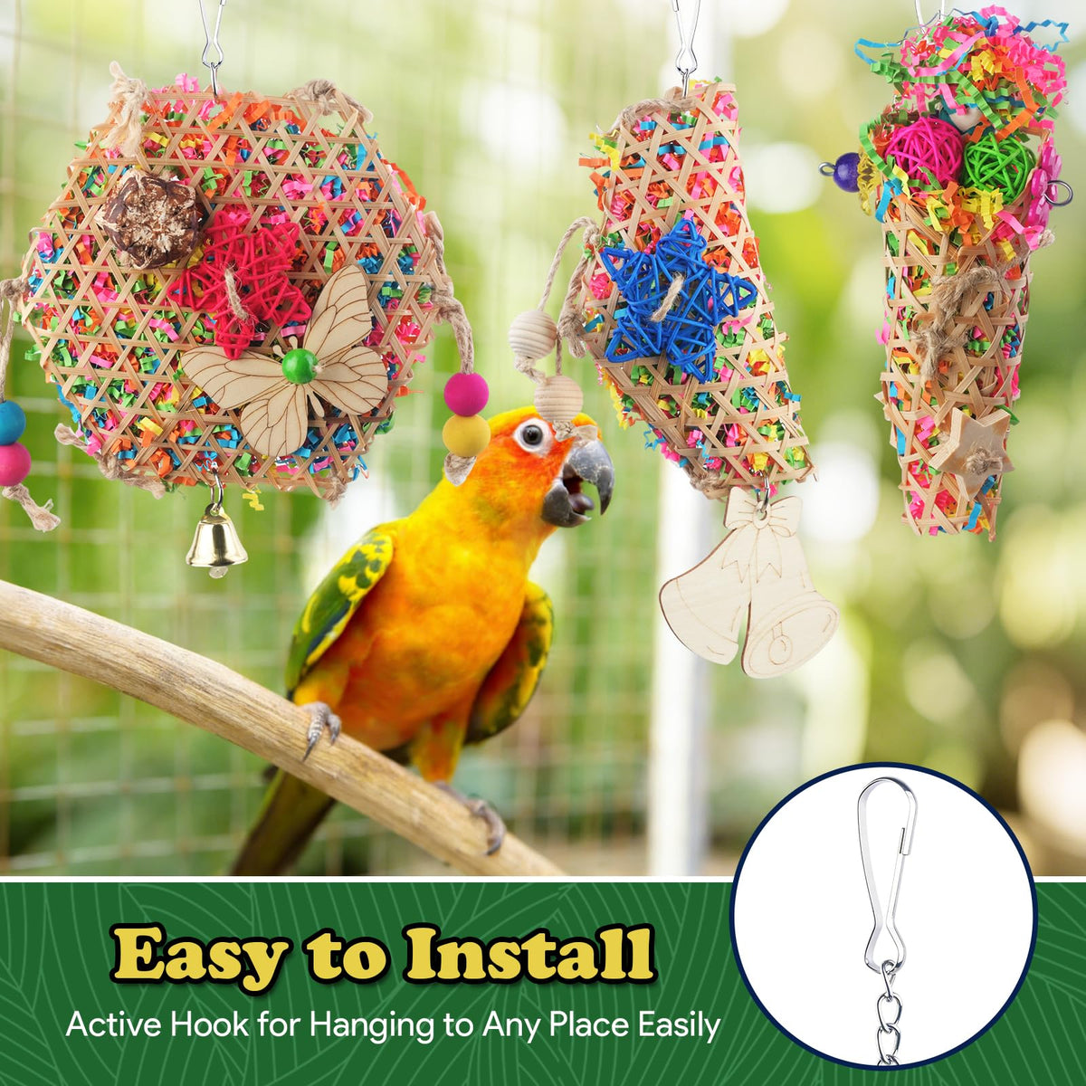 Bird Toys, Parakeet Foraging Toy, Hanging Chewing Toy, Bird Cage Accessories – Suitable for Cockatiels, Budgies, Lovebirds, Conures and Other Small Parrots - color: 3 pieces bamboo