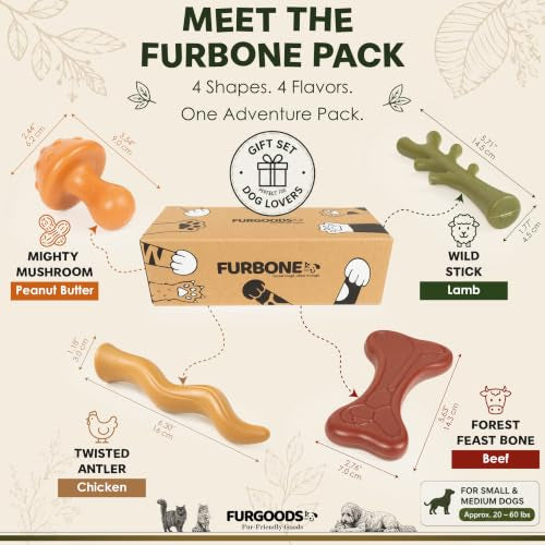 FURBONE Flavored Nylon Dog Chew Toys 4 Pack, Bones for Small & Medium Dogs - color: Furbone - Forest 4 Pack